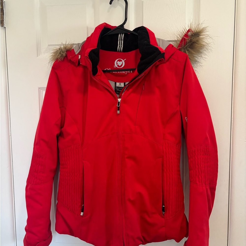 Obermeyer Red Hooded Ski Jacket with Faux Fur Trim